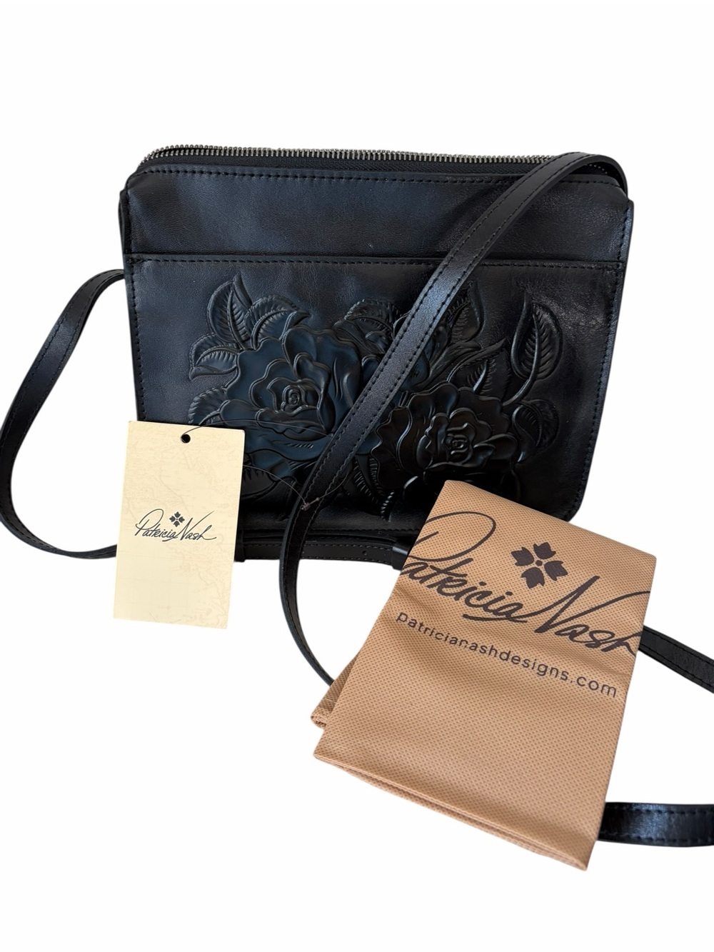 Patricia Nash Black Embossed Genuine Leather Crossbody Bag